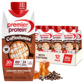 Premier Protein bottle front view showing Caramel Macchiato flavor and benefits
