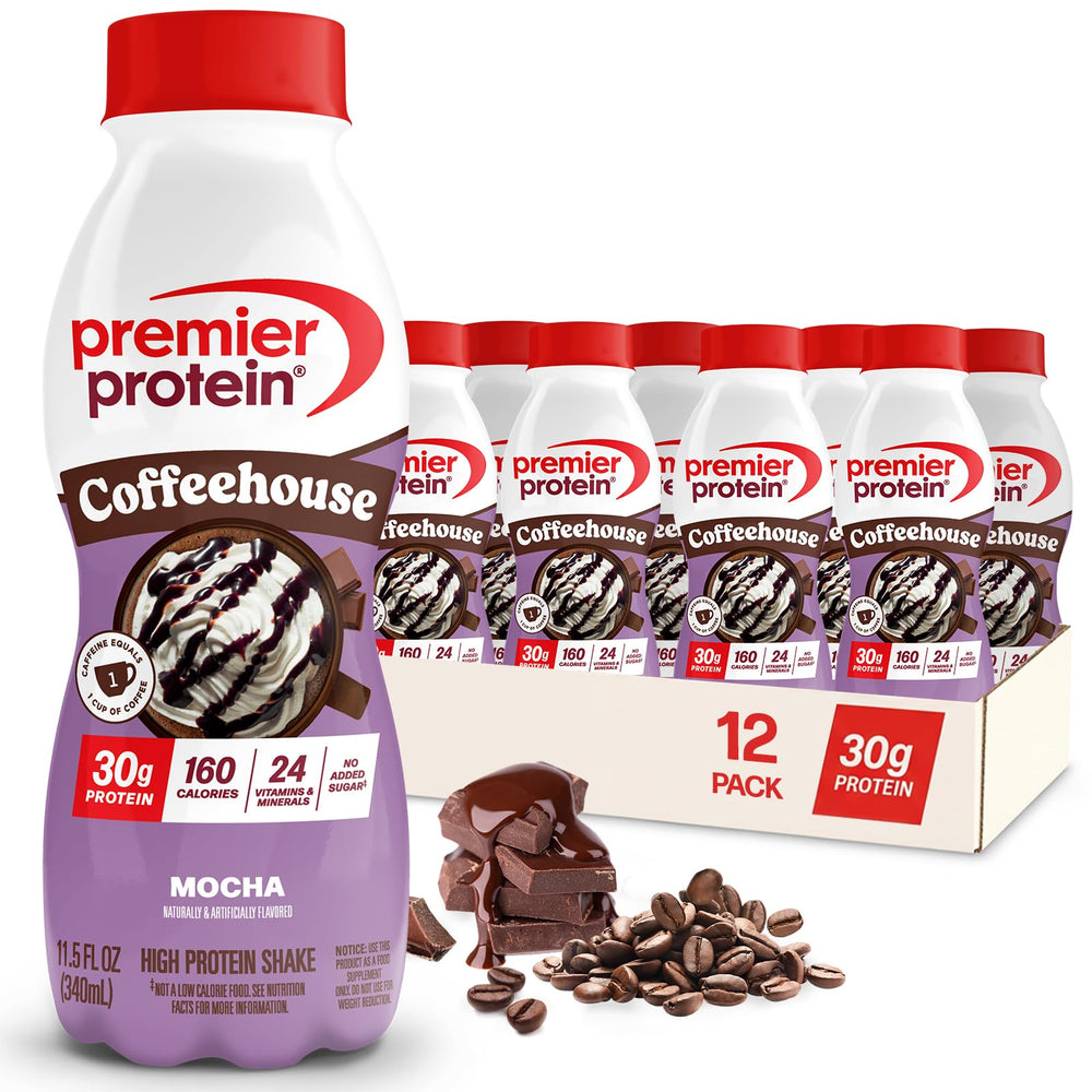 Premier Protein Mocha bottle front view showing café-style design and easy grab