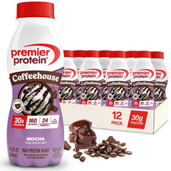 Premier Protein Mocha bottle front view showing café-style design and easy grab