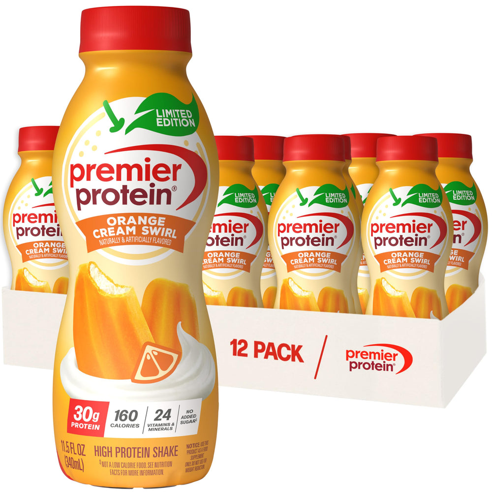 Premier Protein bottle front packaging shows Orange Cream Swirl flavor and benefits