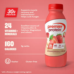 Premier Protein label close-up highlighting nutrition facts and 30g protein per bottle