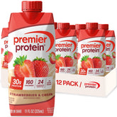 Premier Protein front bottle view showing strawberries & cream flavor and serving size