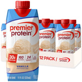 Premier Protein vanilla front packaging showing carton and serving benefits
