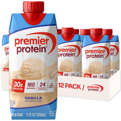 Premier Protein vanilla front packaging showing carton and serving benefits
