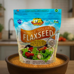 PREMIUM GOLD flax seeds sprinkled on smoothie bowl adding crunch benefit