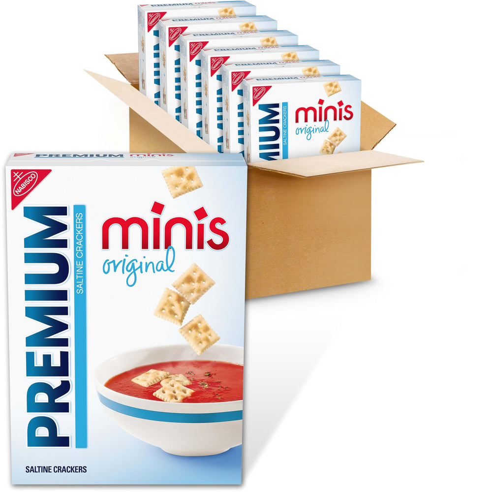 Premium mini saltine front packaging shows six 11 oz boxes and clear branding for pantry value