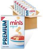 Premium mini saltine front packaging shows six 11 oz boxes and clear branding for pantry value