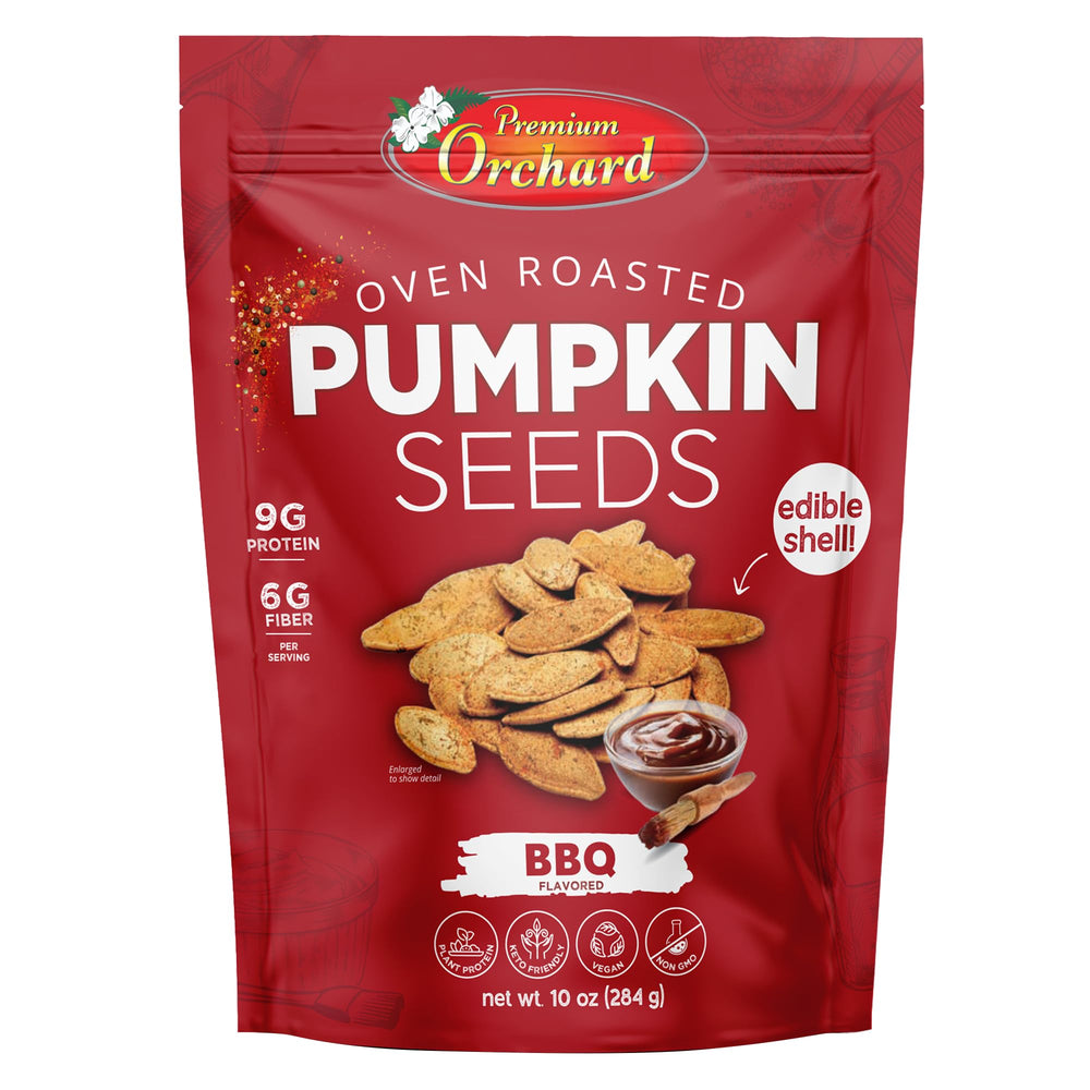 PREMIUM ORCHARD front packaging showing BBQ flavor and resealable pouch benefit
