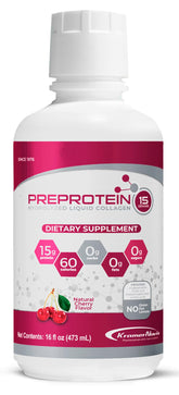 PreProtein front packaging cherry flavor showing bottle and servings, highlights convenient recovery use