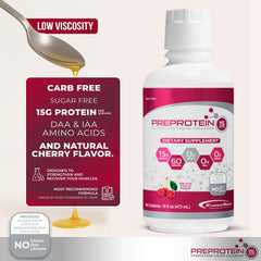 PreProtein next to one-ounce measuring cup, illustrates concentrated serving size convenience