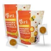 P.R.I front packaging showing lemon Manuka honey lollipops and two-pack convenience
