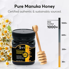 P.R.I honey spoon close-up showing thick texture and rich color for flavor clarity