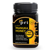 P.R.I Manuka honey jar front showing label and premium packaging for authentic purchase
