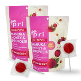 P.R.I front packaging showing 24 strawberry Manuka honey lollipops and bundle benefits