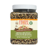Pride Of India jar front view showing tricolor quinoa and clear packaging benefit storage