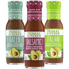 Primal Kitchen variety pack front packaging showing three bottles and clean ingredients benefit