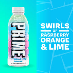 PRIME HYDRATION bottle close-up highlighting natural flavors and label