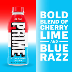 PRIME Hydration close-up label highlighting ICE POP flavor and ingredients