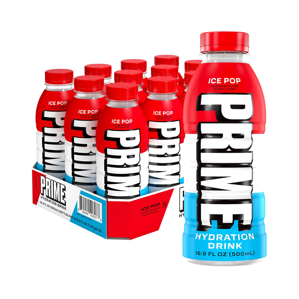 PRIME Hydration ICE POP front packaging showing 12-pack and benefits