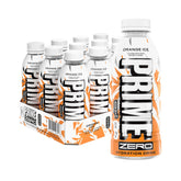 PRIME HYDRATION front bottle showing orange ice flavor and zero sugar benefit