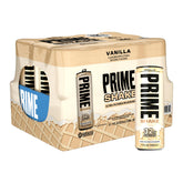 PRIME HYDRATION front packaging showing vanilla can and 12-pack convenience