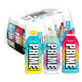 PRIME Hydration front pack display showing three flavors and benefits
