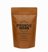 Primos Coffee Co. front bag shot showing label and packaging benefit: clear origin information