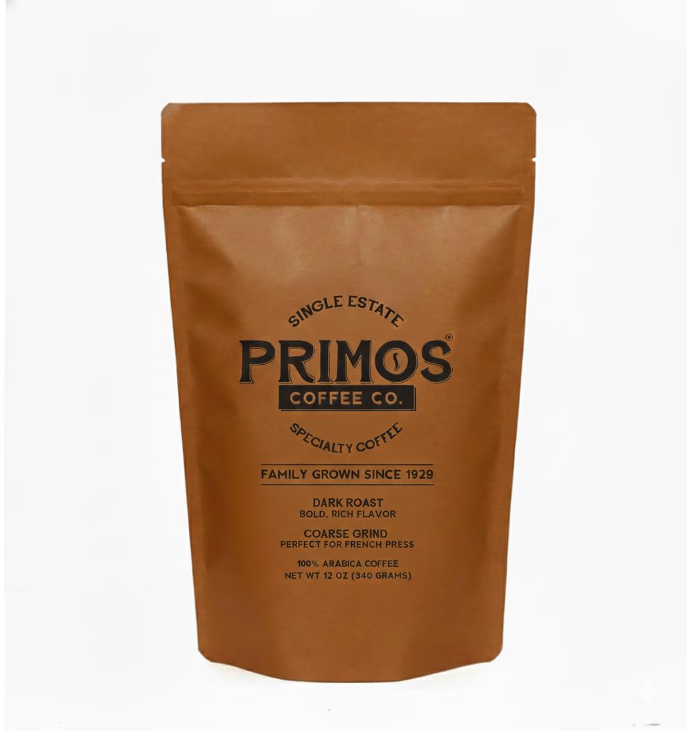 Primos Coffee Co. front packaging showing two-bag pack and dark roast label for consistent brewing