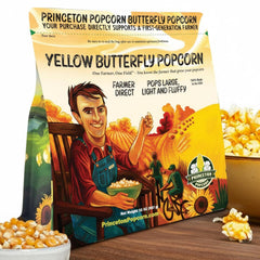 Princeton Popcorn front packaging shows 2 lb bag and Non-GMO label, clear purchase benefit
