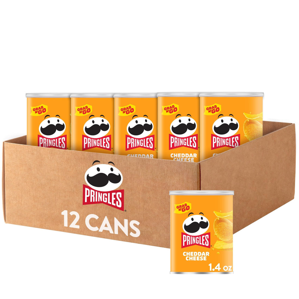 Pringles front can showing cheddar label and portability benefit