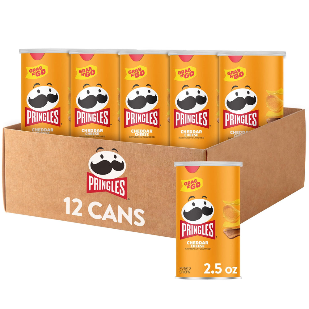 Pringles Cheddar Cheese front packaging showing can and branding benefit convenience