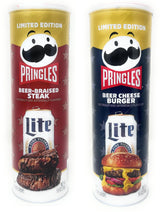 Pringles front packaging showing both beer-flavored cans and convenient portioning
