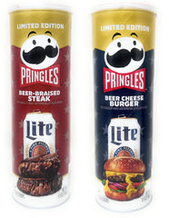 Pringles front packaging showing both beer-flavored cans and convenient portioning