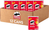 Pringles front packaging showing 12 single-serve cans and portability benefit