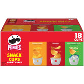 Pringles box front view displaying variety pack and contents for convenient snacking
