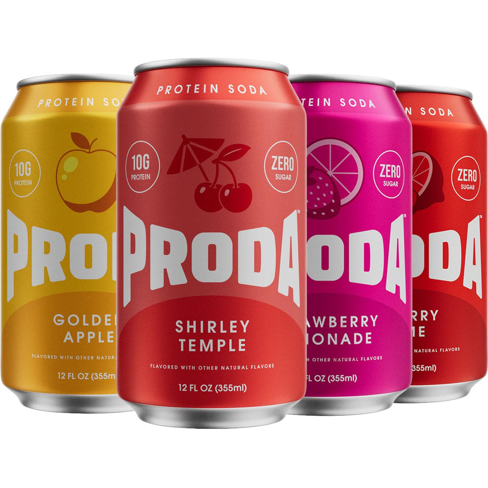 proda front can variety pack showing bold branding and portable protein benefit