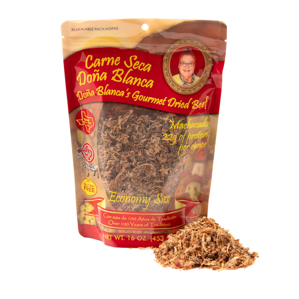 Productos Doña Blanca front packaging showing 16 oz carne seca and benefits