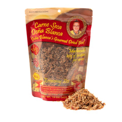 Productos Doña Blanca front packaging showing 16 oz carne seca and benefits