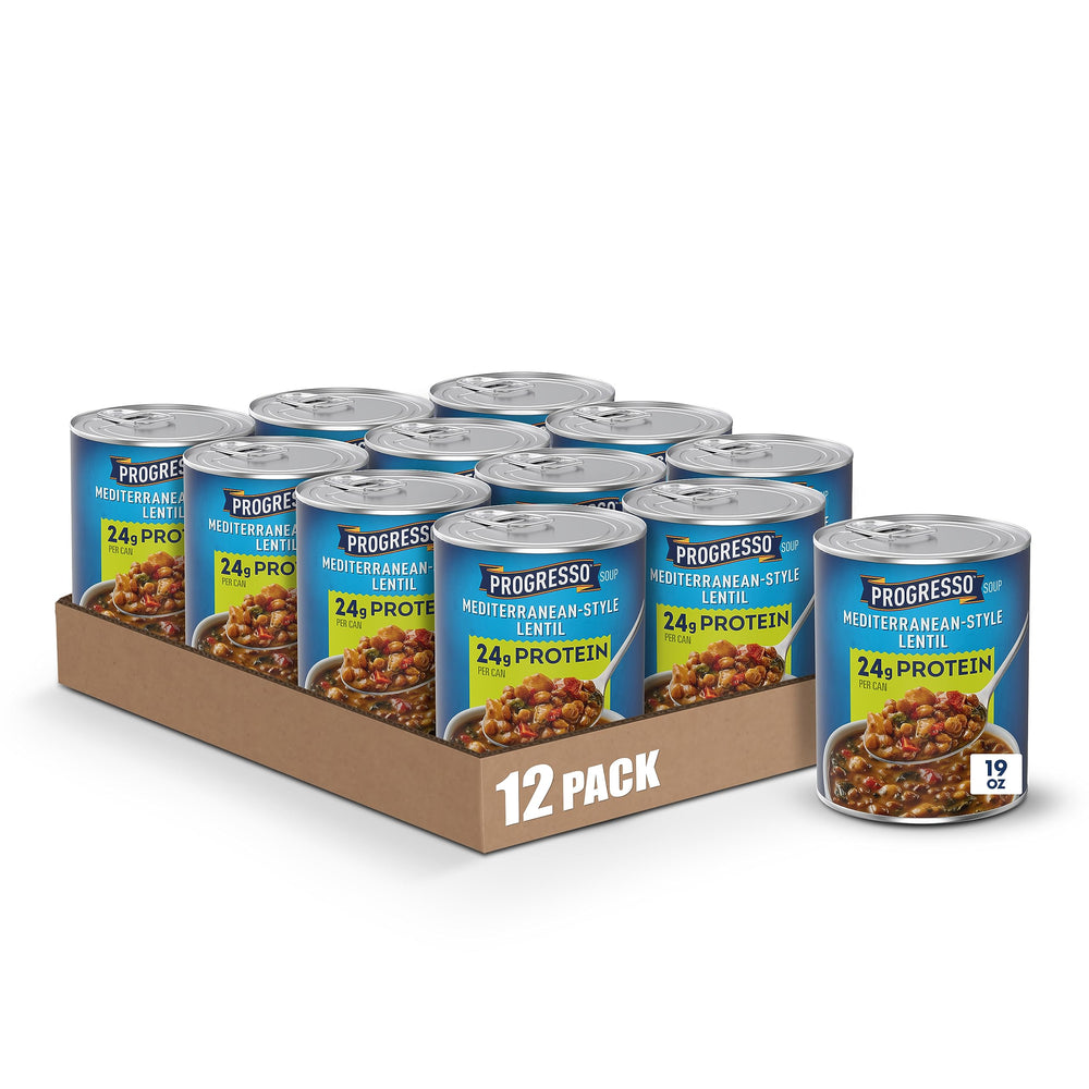 Progresso front of can showing Mediterranean lentil soup and convenience