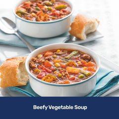 Bowl of Progresso soup served with bread to illustrate serving suggestion and satisfying meal