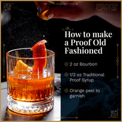 Finished Old Fashioned cocktail made with PROOF SYRUP garnished, showcasing cocktail-ready results