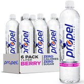 Propel berry front packaging showing six 1L bottles and clear hydration benefits