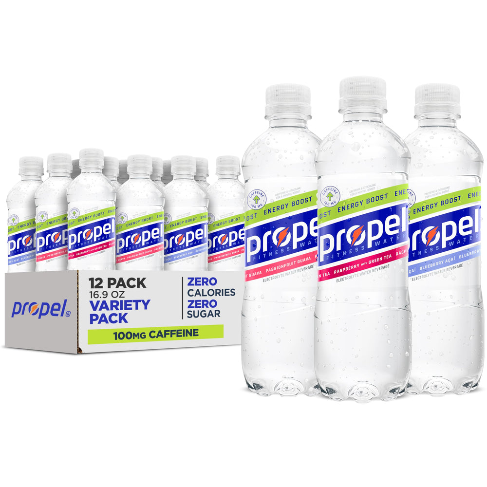 Propel front packaging showing 12-pack and variety, brand hydration convenience