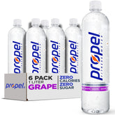 Propel grape front packaging showing six bottles and brand hydration benefits