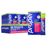 Propel raspberry green tea front packaging showing nutrition and servings benefit convenience