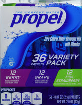 Propel front packaging showing three-flavor 36 packet variety, convenient and portable