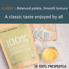 100% Propertea spread of tea bags highlighting 100-count convenience and consistent servings