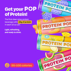 Protein Pop close-up label highlighting 22g protein and zero sugar benefit