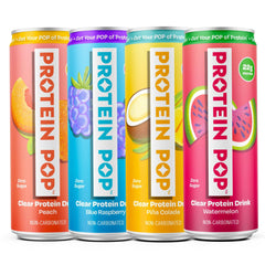 Protein Pop front packaging showing four cans and refreshing benefits