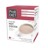 ProtiDIET front packaging showing seven protein hot cocoa packets and benefits